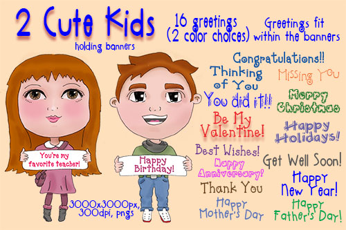 Two Cute Kids Holding Banners Clip Art
