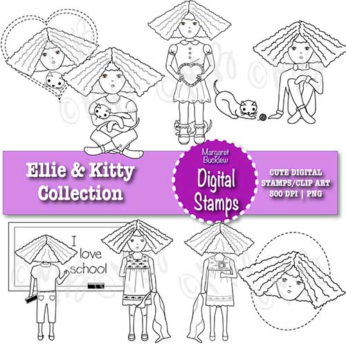 Cute Girl with Kitten Clip Art or Digital Stamp