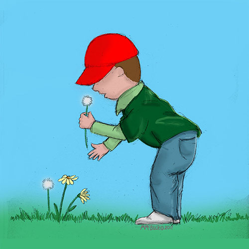 Cute Boy Picking Flowers Character Illustration