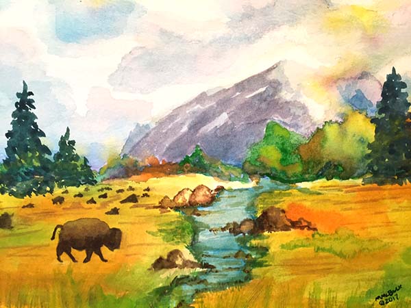 Bison Watercolor Landscape